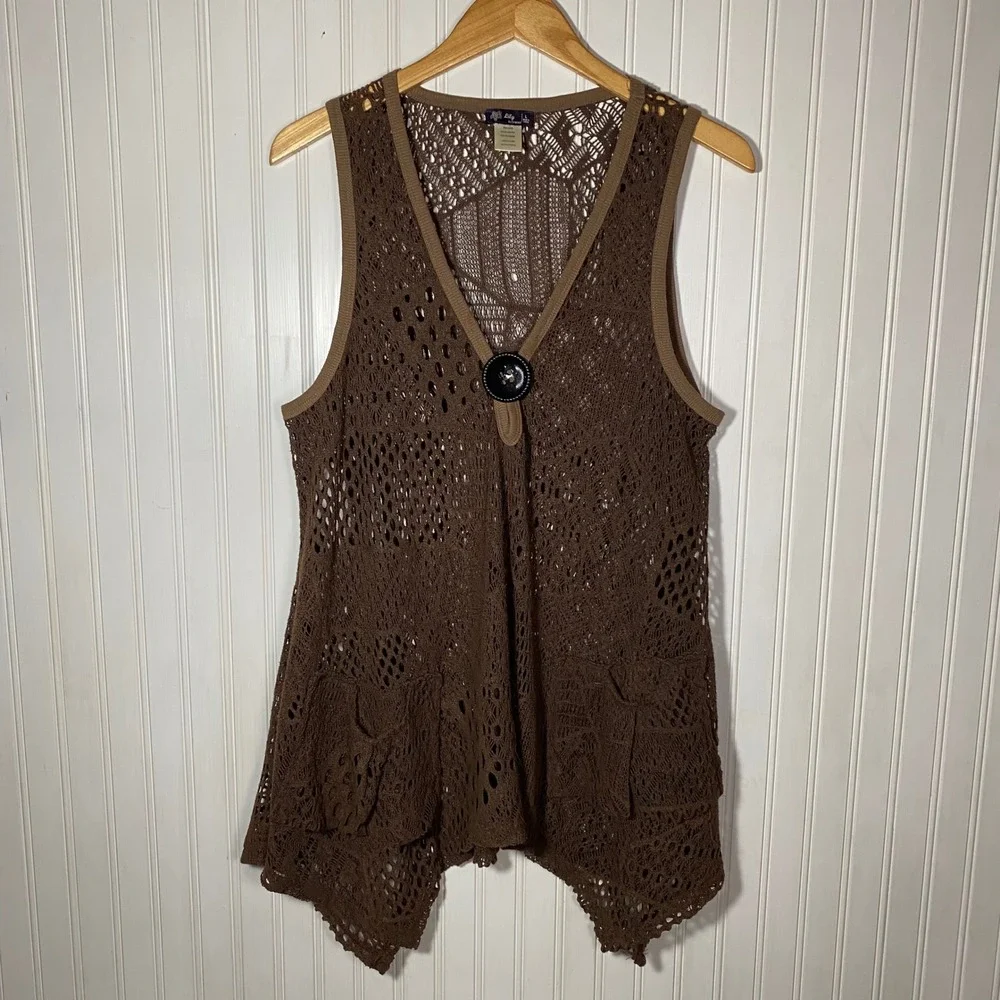 Lily by Firmiana Whimsigoth Brown Crochet Knit Vest Boho Longline Goblincore - L